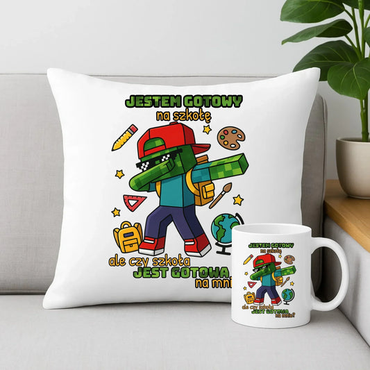 Zestaw poduszka i kubek inspirowany Minecraft'em Jestem gotowy na szkołę SZ05 - StoryCups.pl