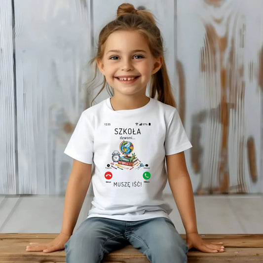 Koszulka dziecięca Szkoła dzwoni muszę iść biała SZ09 - StoryCups.pl