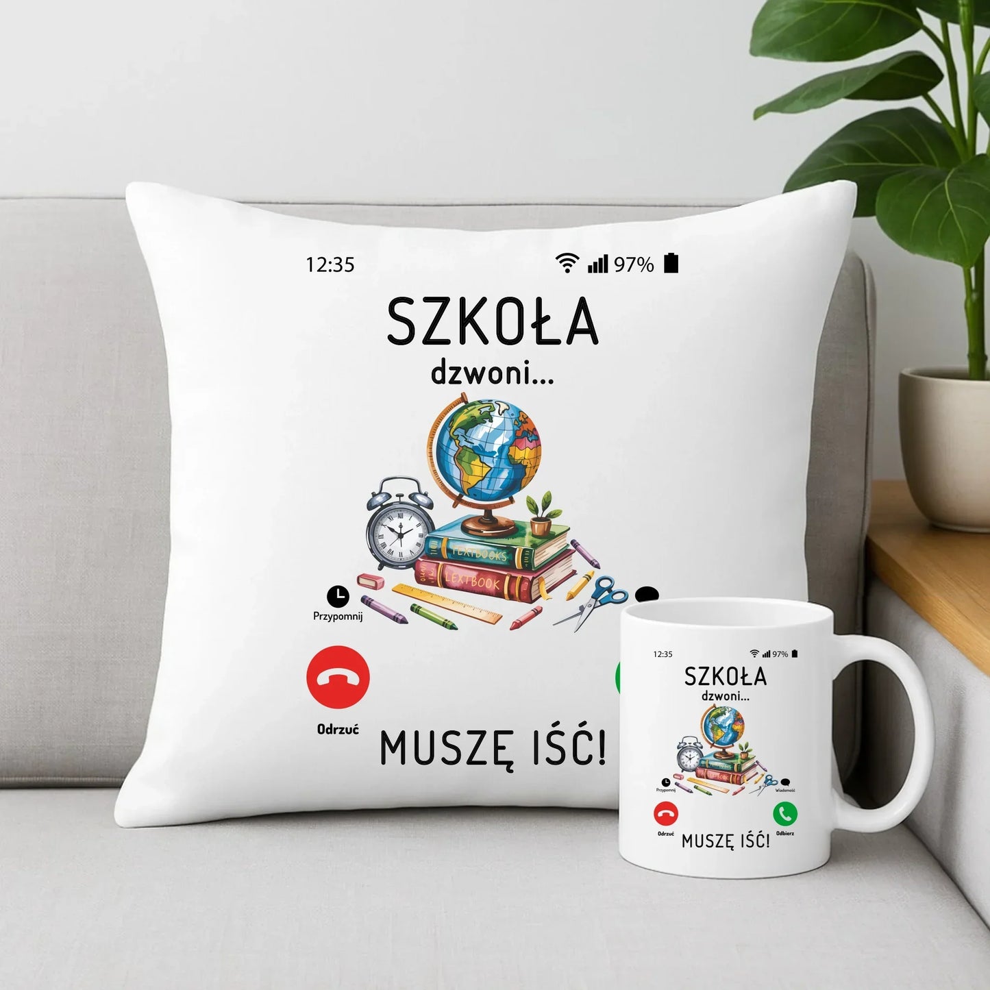 Zestaw poduszka i kubek Szkoła dzwoni muszę iść SZ09 - StoryCups.pl