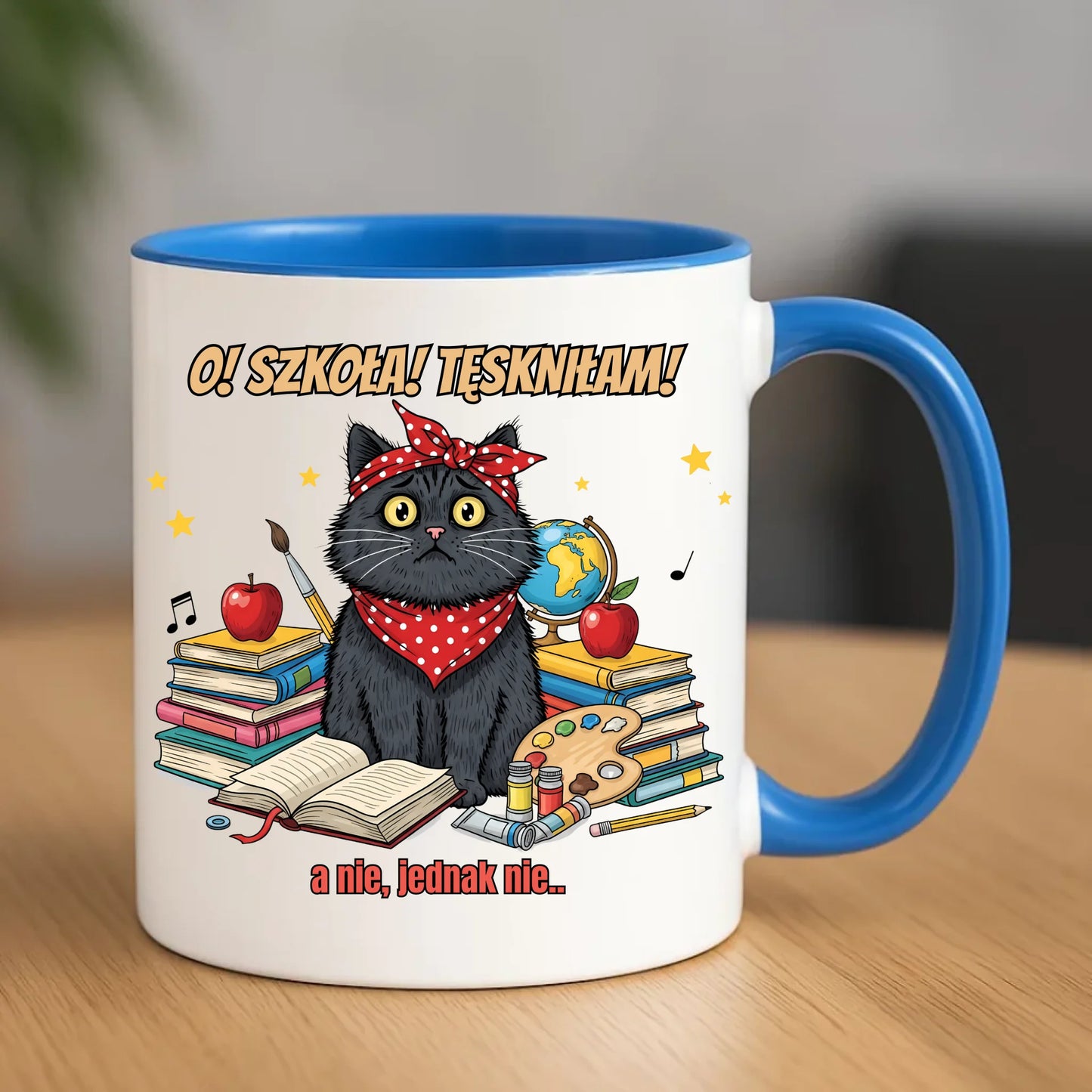 Niebieski kubek dla chłopca na rozpoczęcie roku szkolnego POWRÓT DO SZKOŁY PRZEDSZKOLA