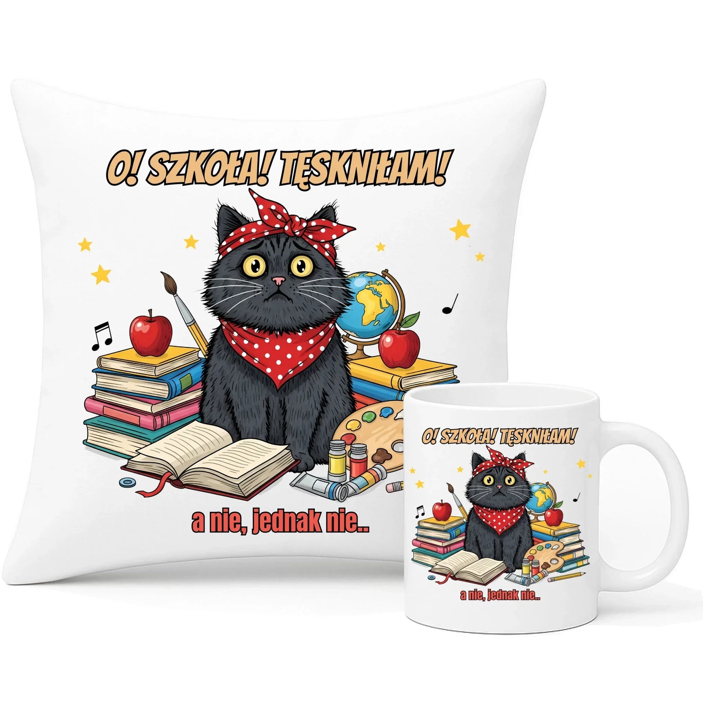 Zestaw poduszka i kubek szkolny O! Szkoła! Tęskniłam! a nie, jednak nie... SZ12 - StoryCups.pl
