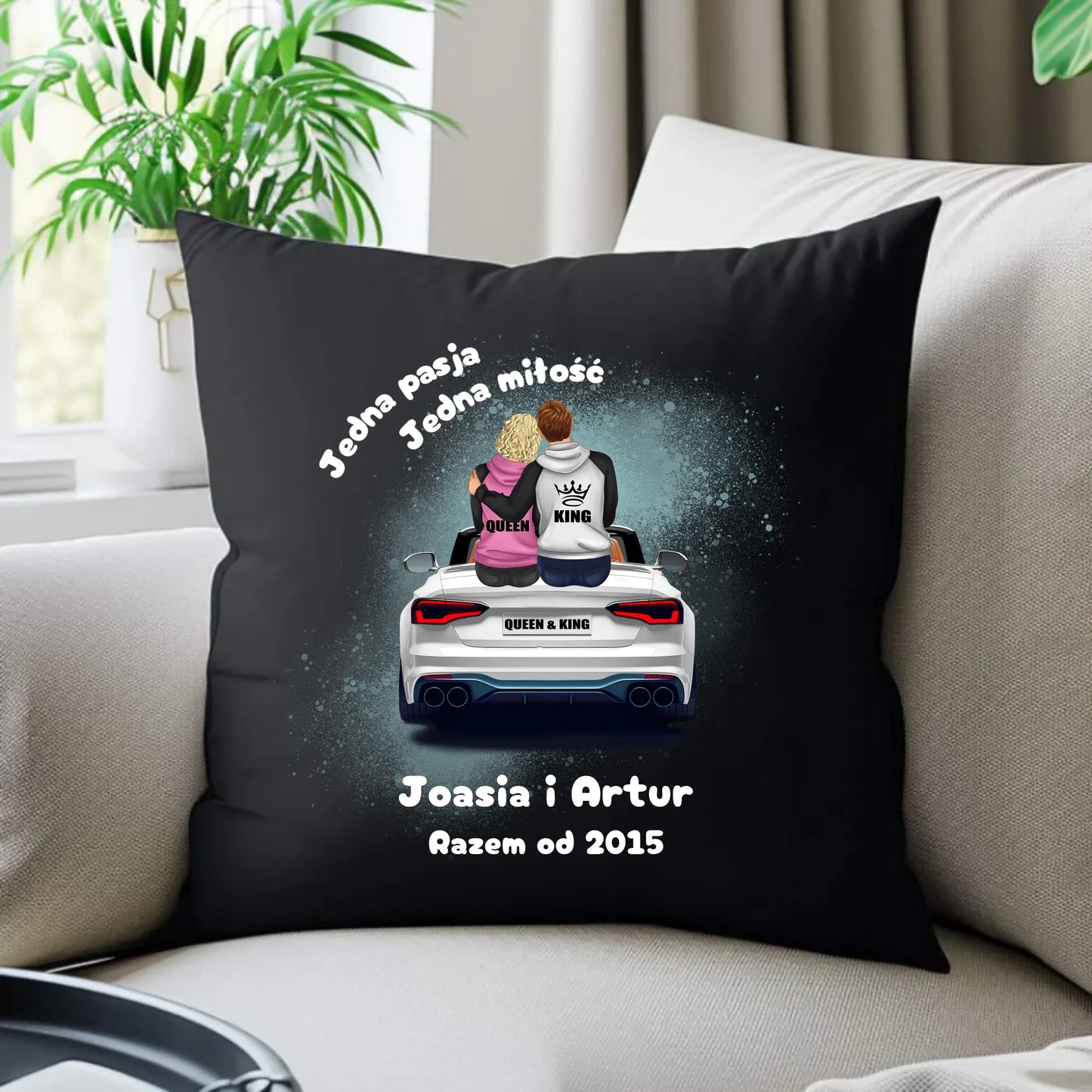 Jedna pasja, jedna miłość imiona | Personalizowana poduszka dekoracyjna dla par W06 - StoryCups.pl