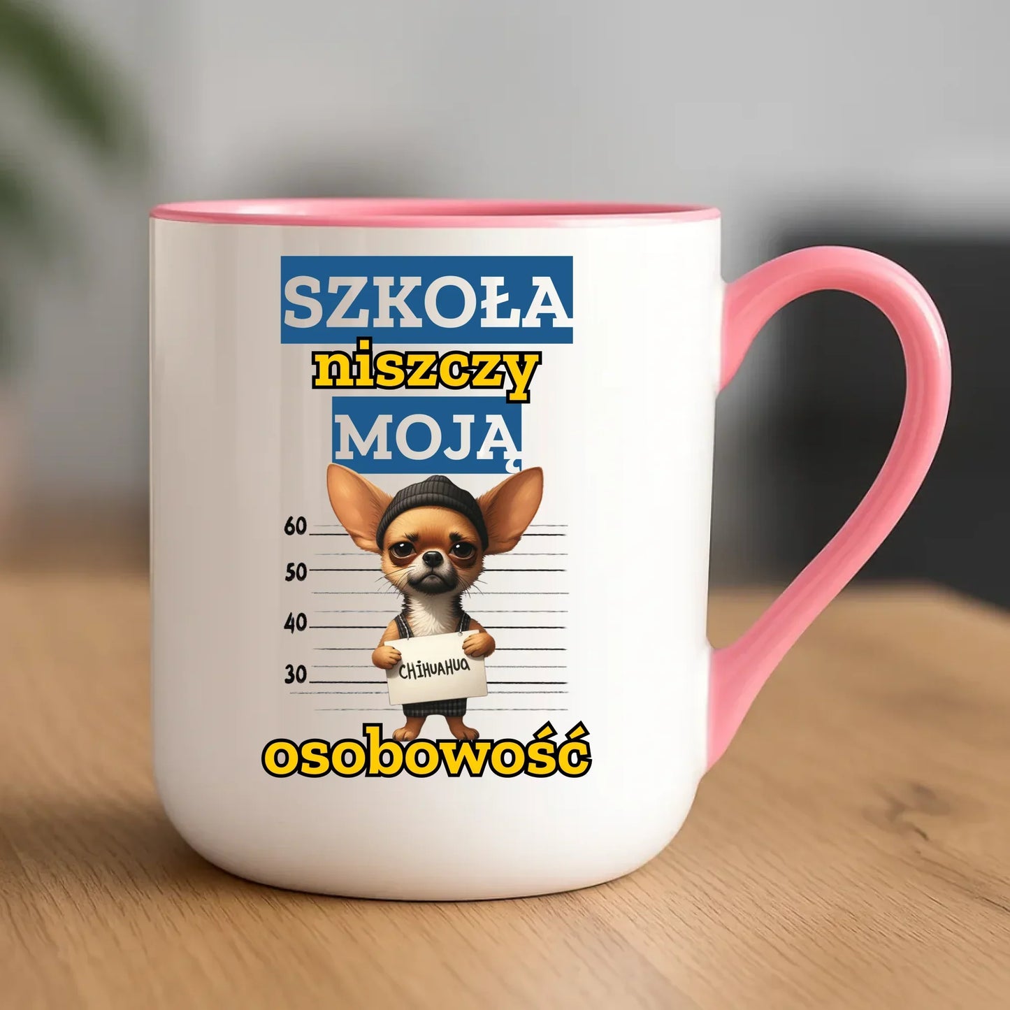 Kubek elegant szkolny - Szkoła niszczy moją osobowość - Chihuahua SZ19 - StoryCups.pl