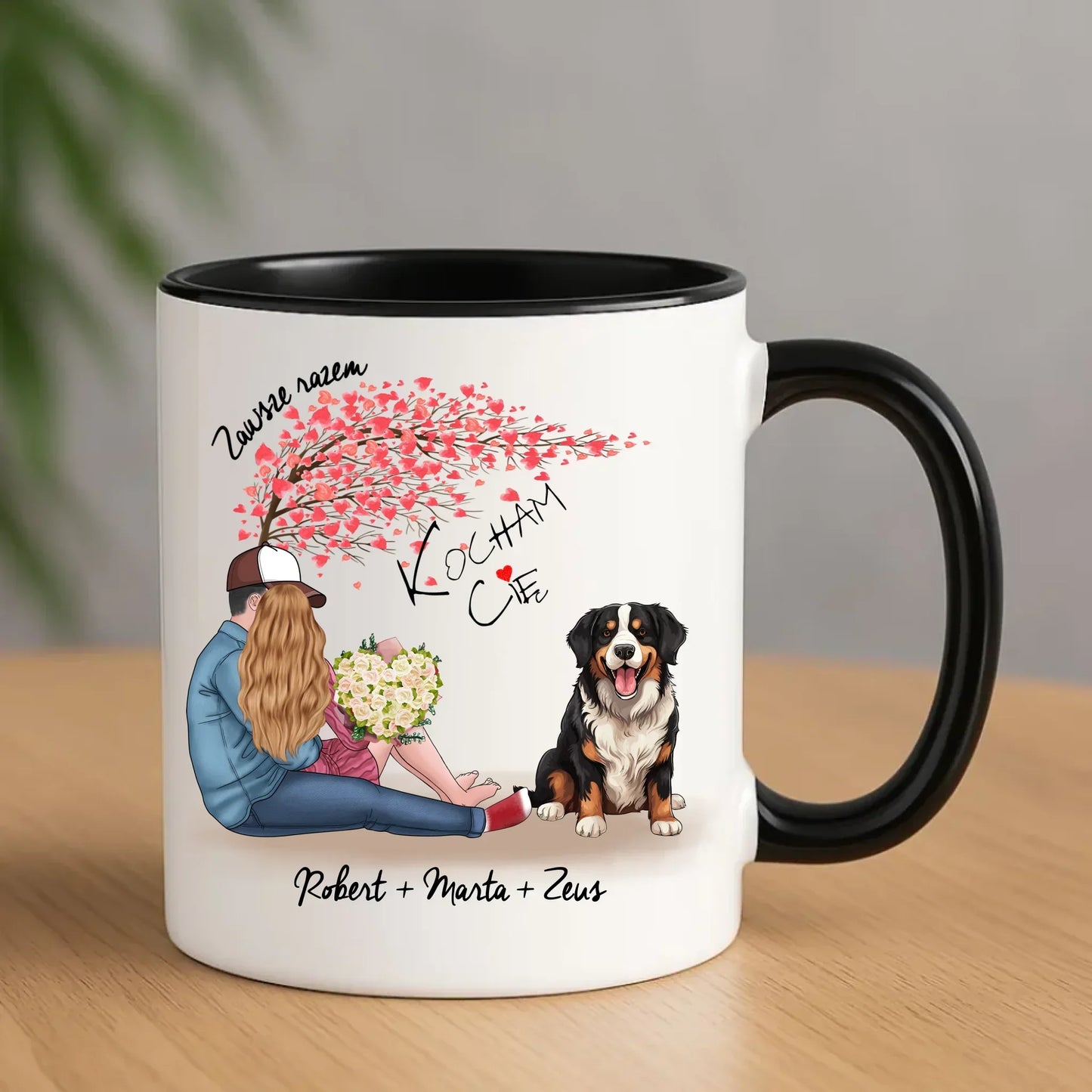 Personalizowana para + Berneńczyk | Kubek z imionami dla par W04A - StoryCups.pl