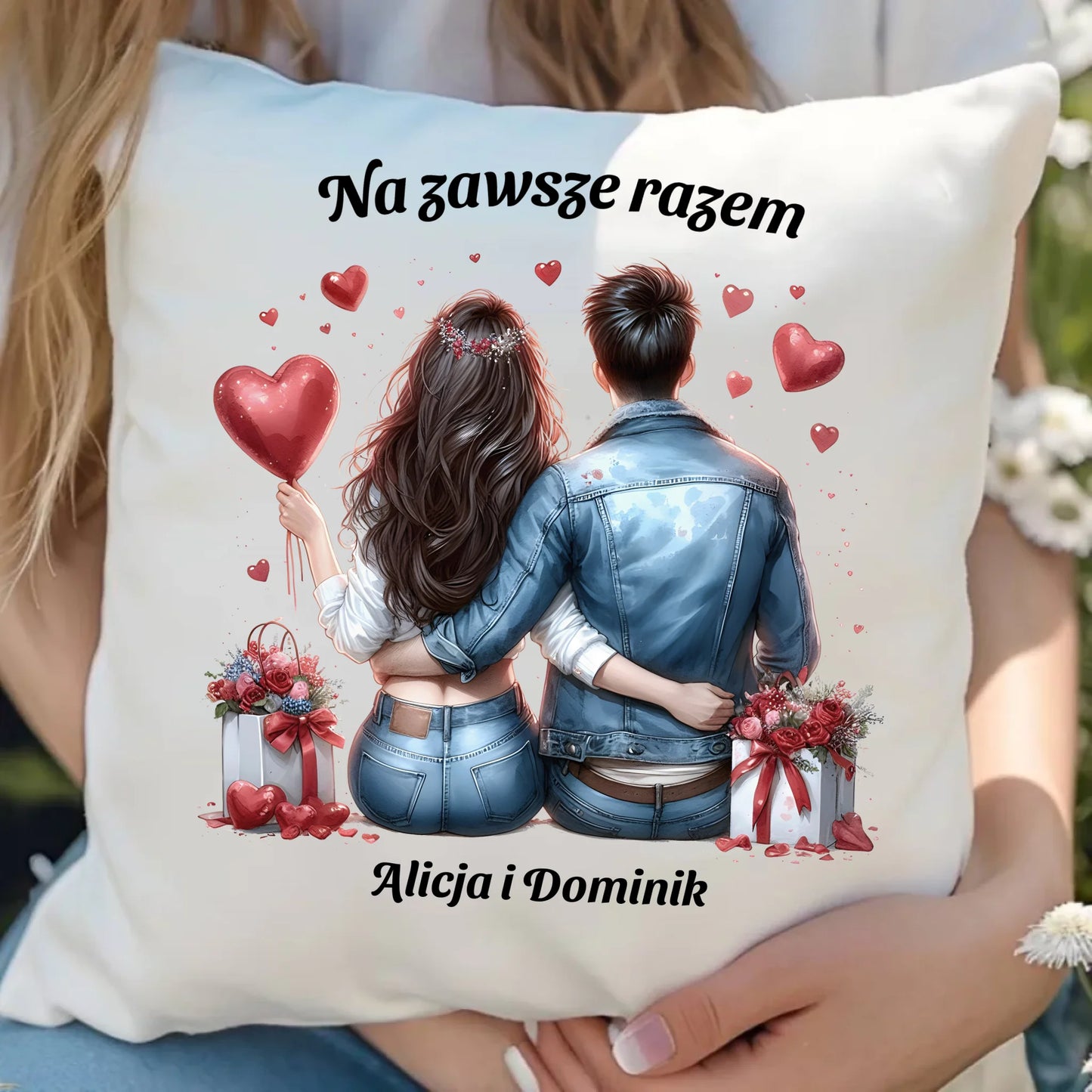 Poduszka z miłosnym nadrukiem dla zakochanych 40x40 cm prezent na Walentynki i Święta dla niej i dla niego