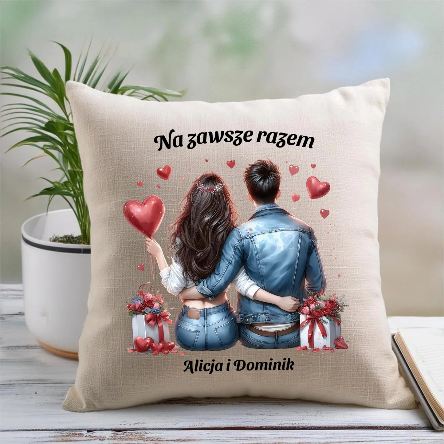 Poduszka lniana 45x45 cm w stylu boho dla par – na Walentynki dla niej i dla niego
