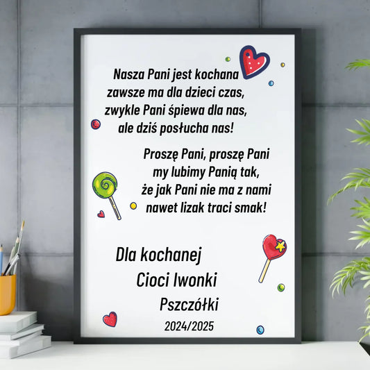 Plakat w ramie z wierszykiem dla przedszkolanki na prezent Zakończenie Przedszkola N16 - StoryCups.pl