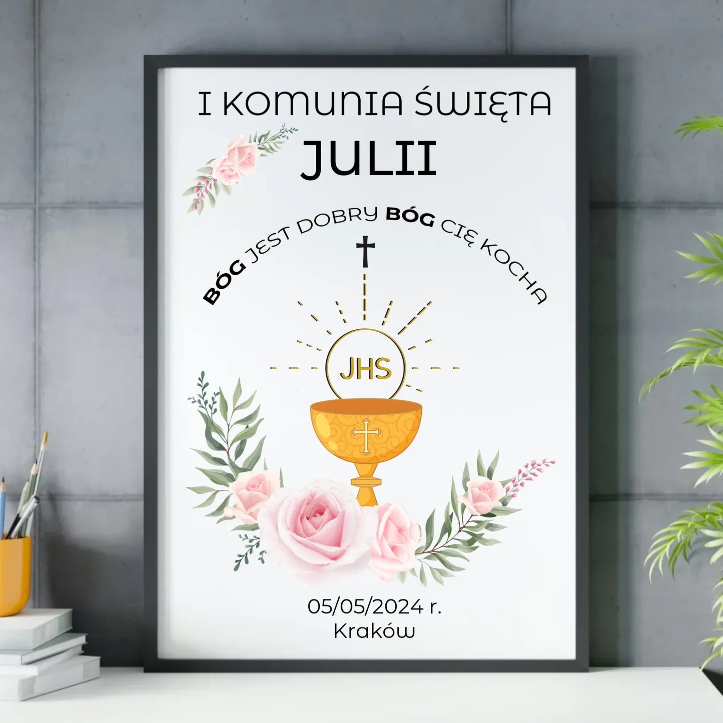 Obraz w ramie pamiątka Pierwsza Komunia Święta imię, data, miejscowość PK01 - StoryCups.pl