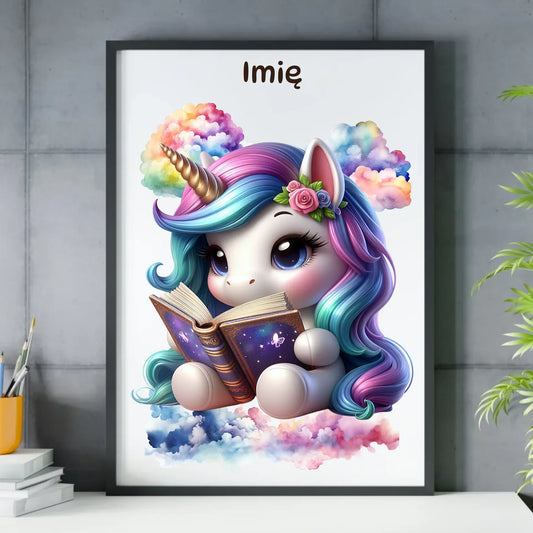 Jednorożec z książką | Obraz w ramie dla dziecka DD09 - StoryCups.pl