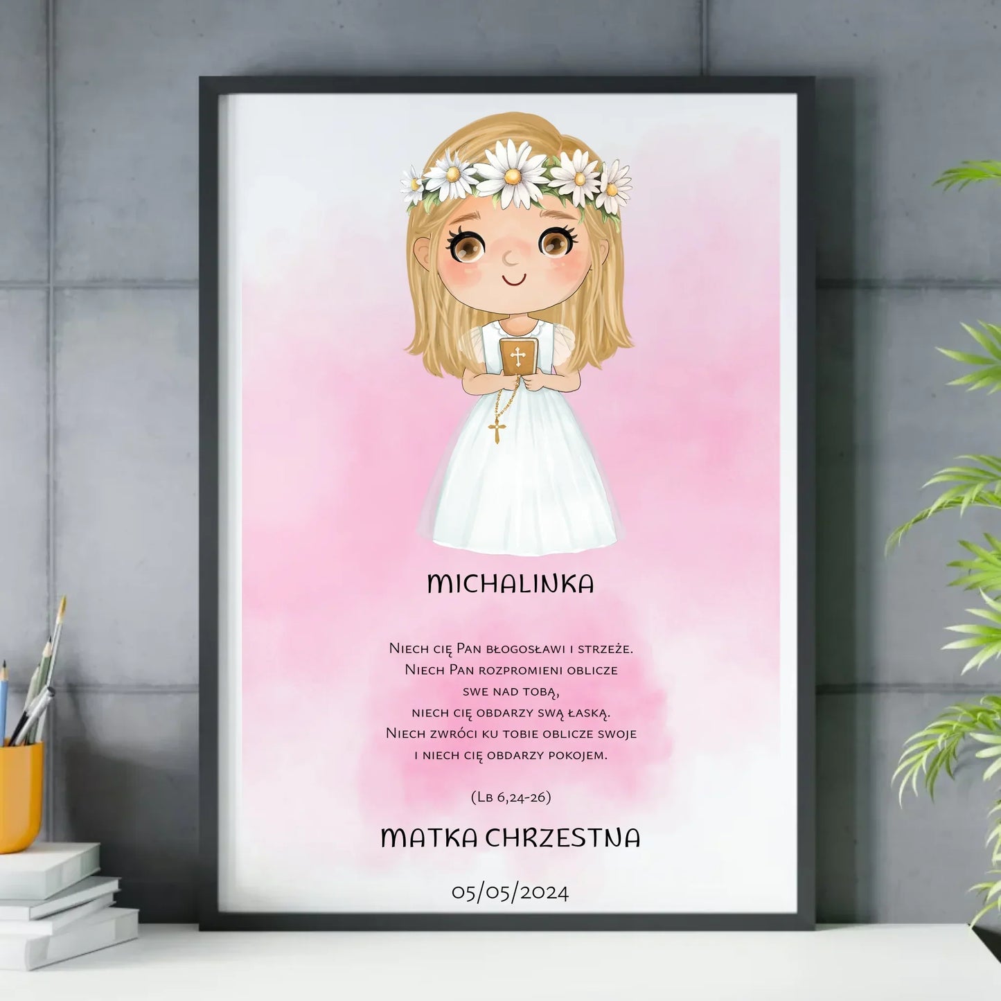 Obraz w ramie Pierwsza Komunia Święta dla dziewczynki personalizacja cytat PK04 - StoryCups.pl