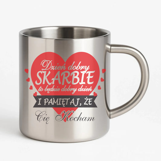 Kubek metalowy - prezent dla par - Dzień dobry Skarbie W02 - StoryCups.pl