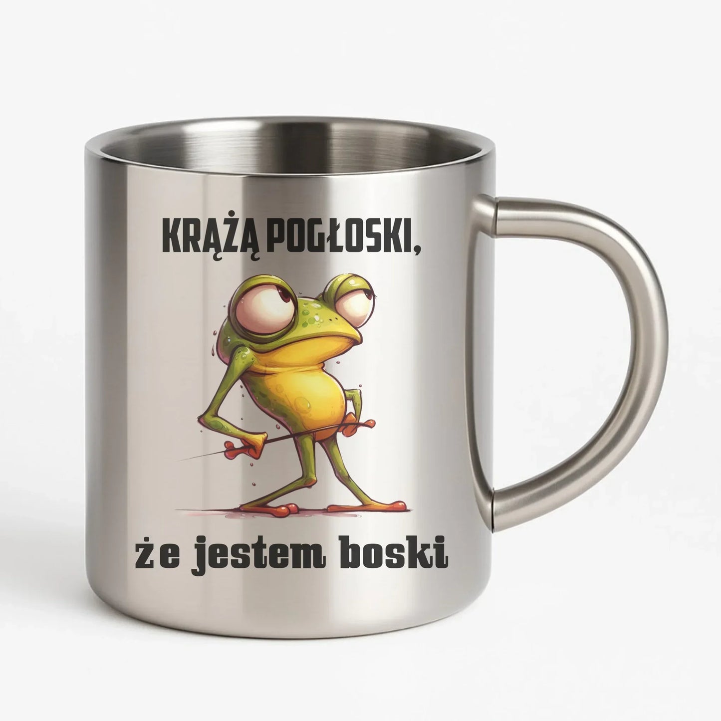 Żaba krążą pogłoski, że jestem boski | Kubek metalowy dla chłopaka na prezent DCH15 - StoryCups.pl