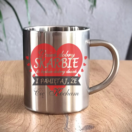 Kubek metalowy - prezent dla par - Dzień dobry Skarbie W02 - StoryCups.pl