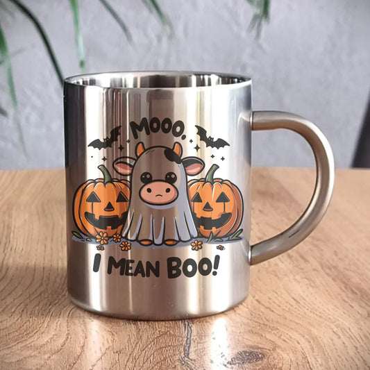 Kubek metalowy na Halloween - Mooo I mean Boo! - z dynią i duchem HL14 - StoryCups.pl