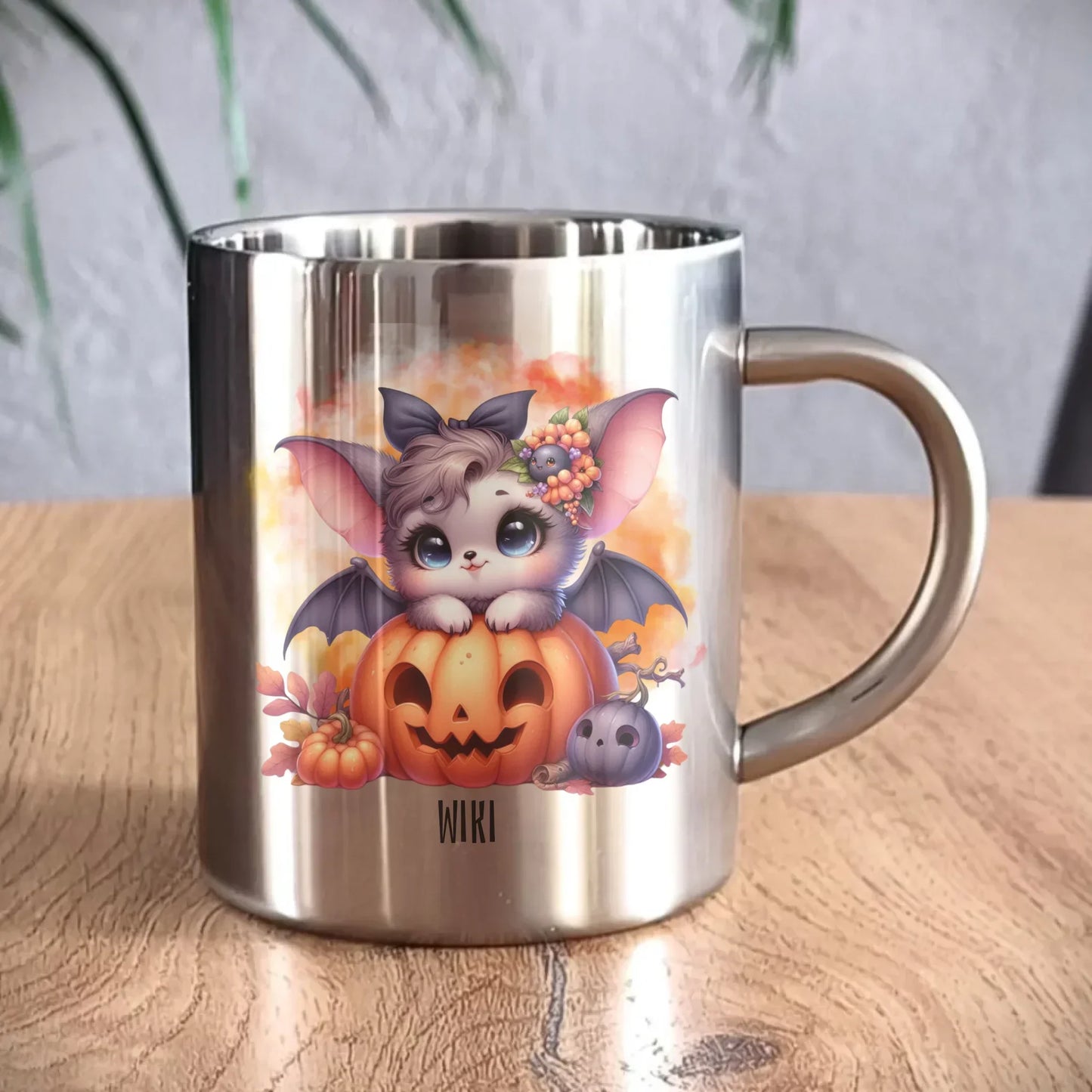 Słodki nietoperz z dynią | Personalizowany kubek metalowy HL08 - StoryCups.pl