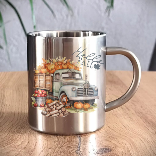 Kubek metalowy jesienny – Hello Fall ciężarówka z dyniami JS08 - StoryCups.pl