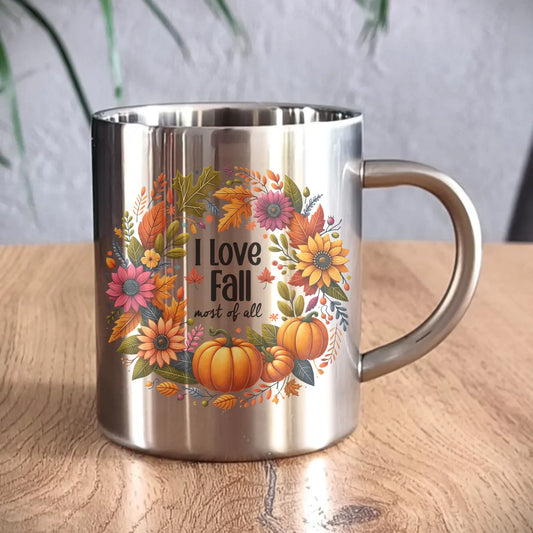 Kubek metalowy jesienny - Kocham jesień - dynia z liśćmi JS03 - StoryCups.pl