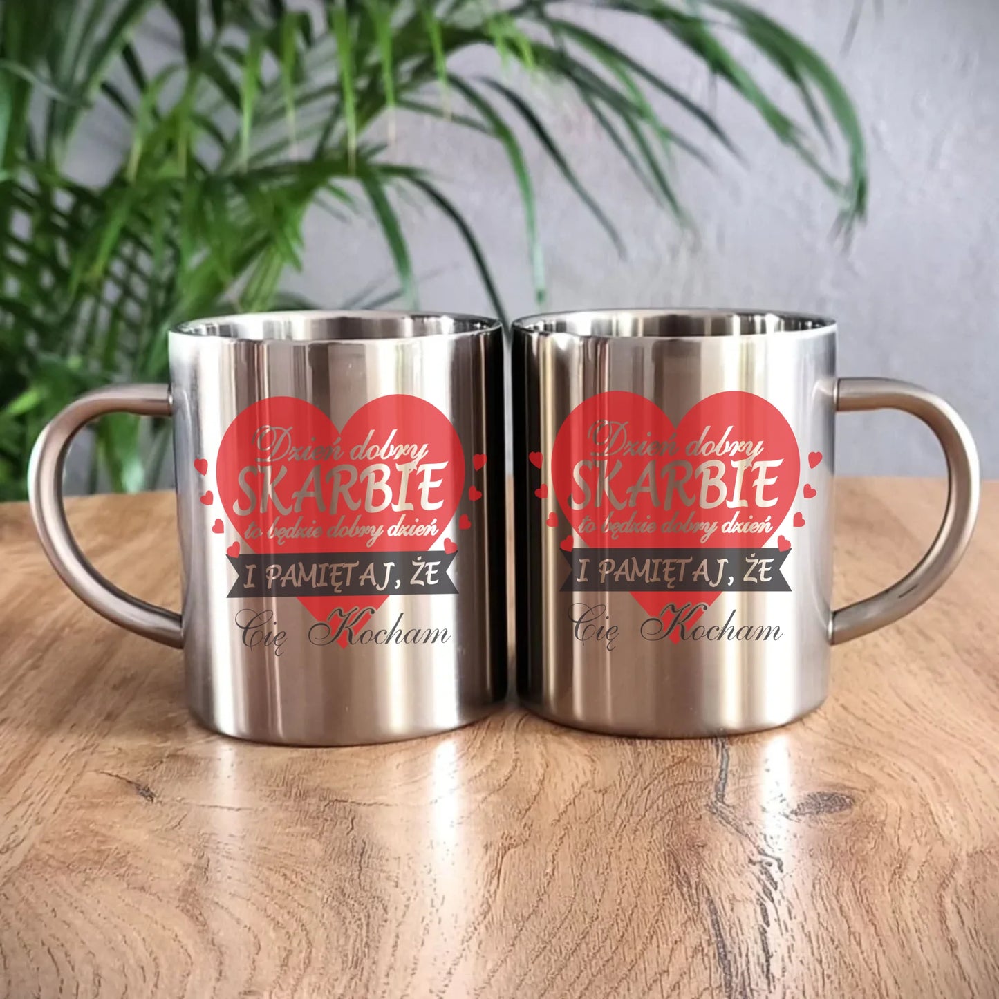 Kubek metalowy - prezent dla par - Dzień dobry Skarbie W02 - StoryCups.pl
