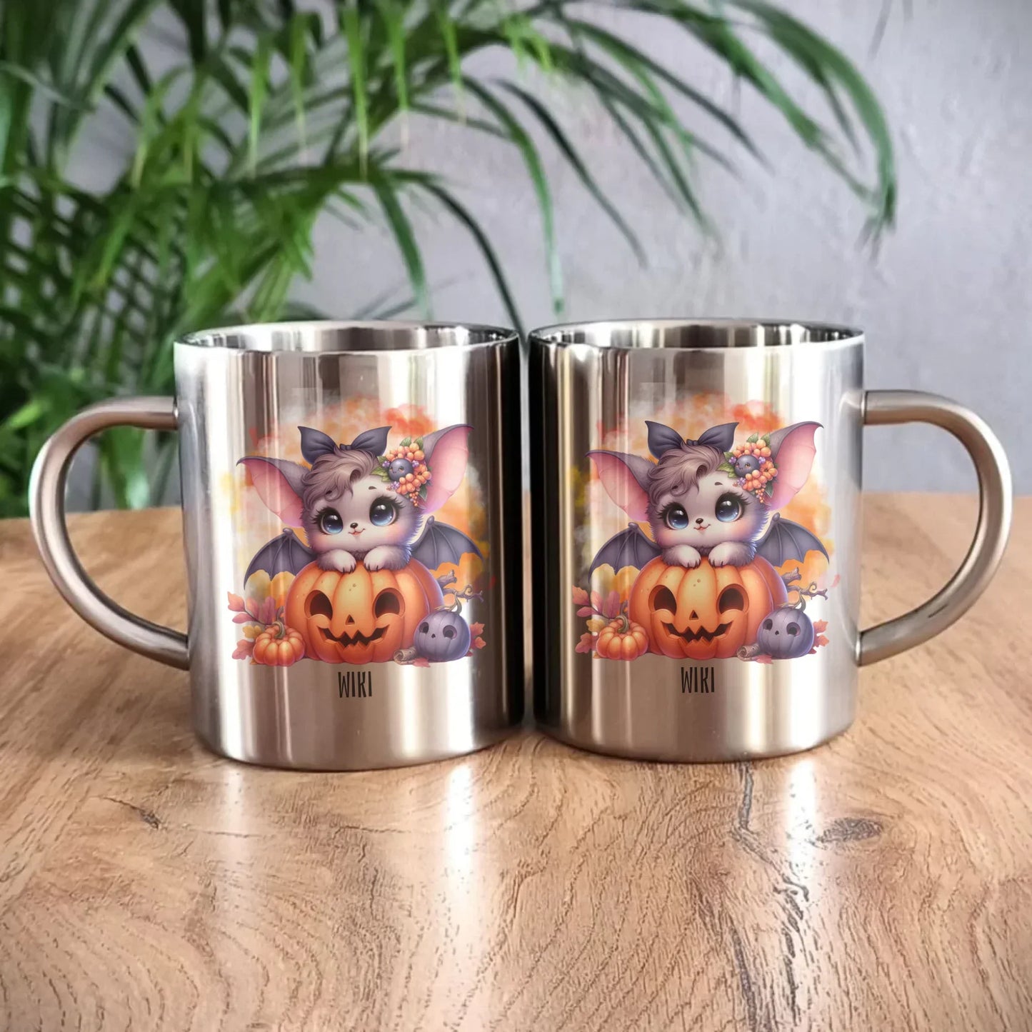 Słodki nietoperz z dynią | Personalizowany kubek metalowy HL08 - StoryCups.pl