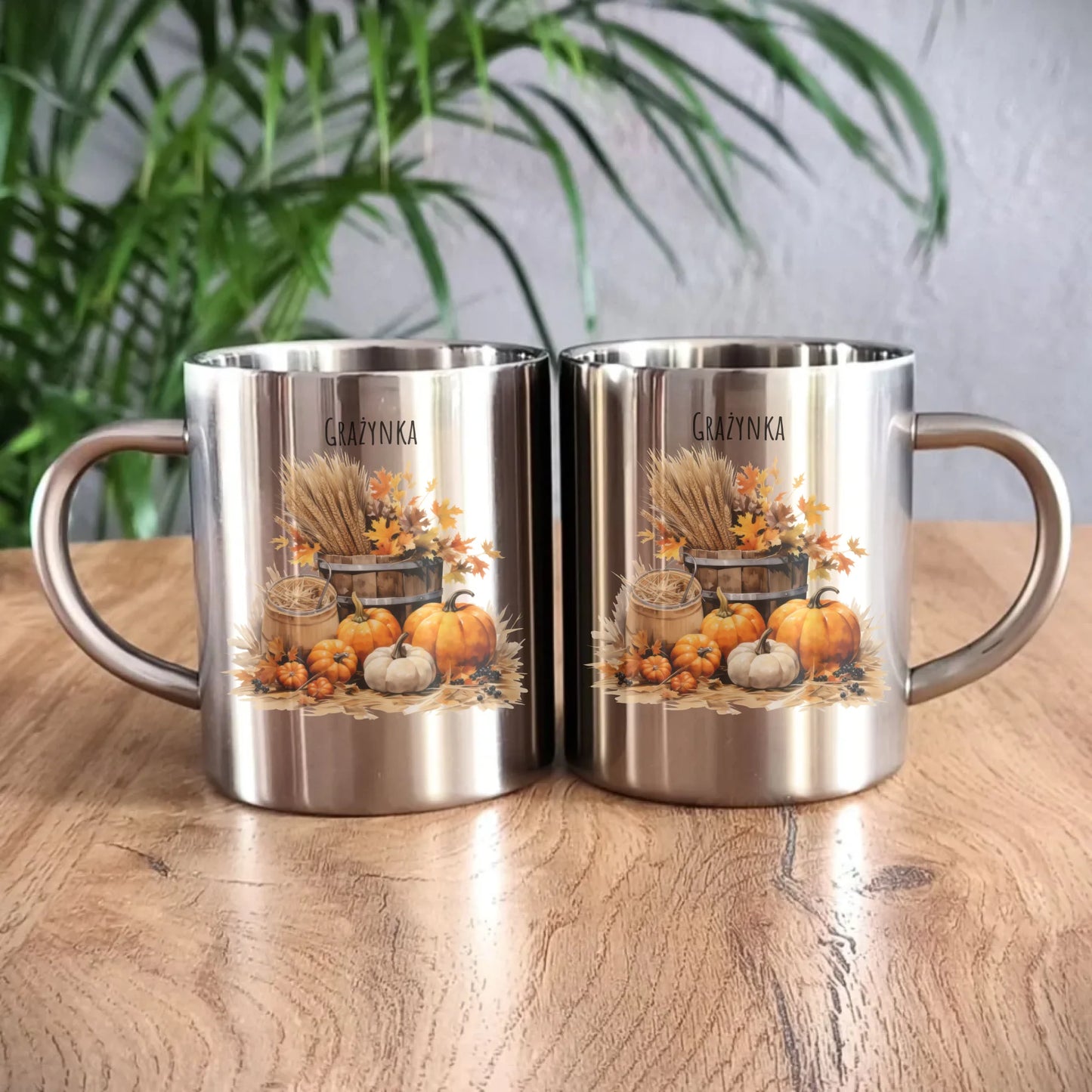 Kubek metalowy na jesień - Harvest vibes - personalizowany JS09 - StoryCups.pl