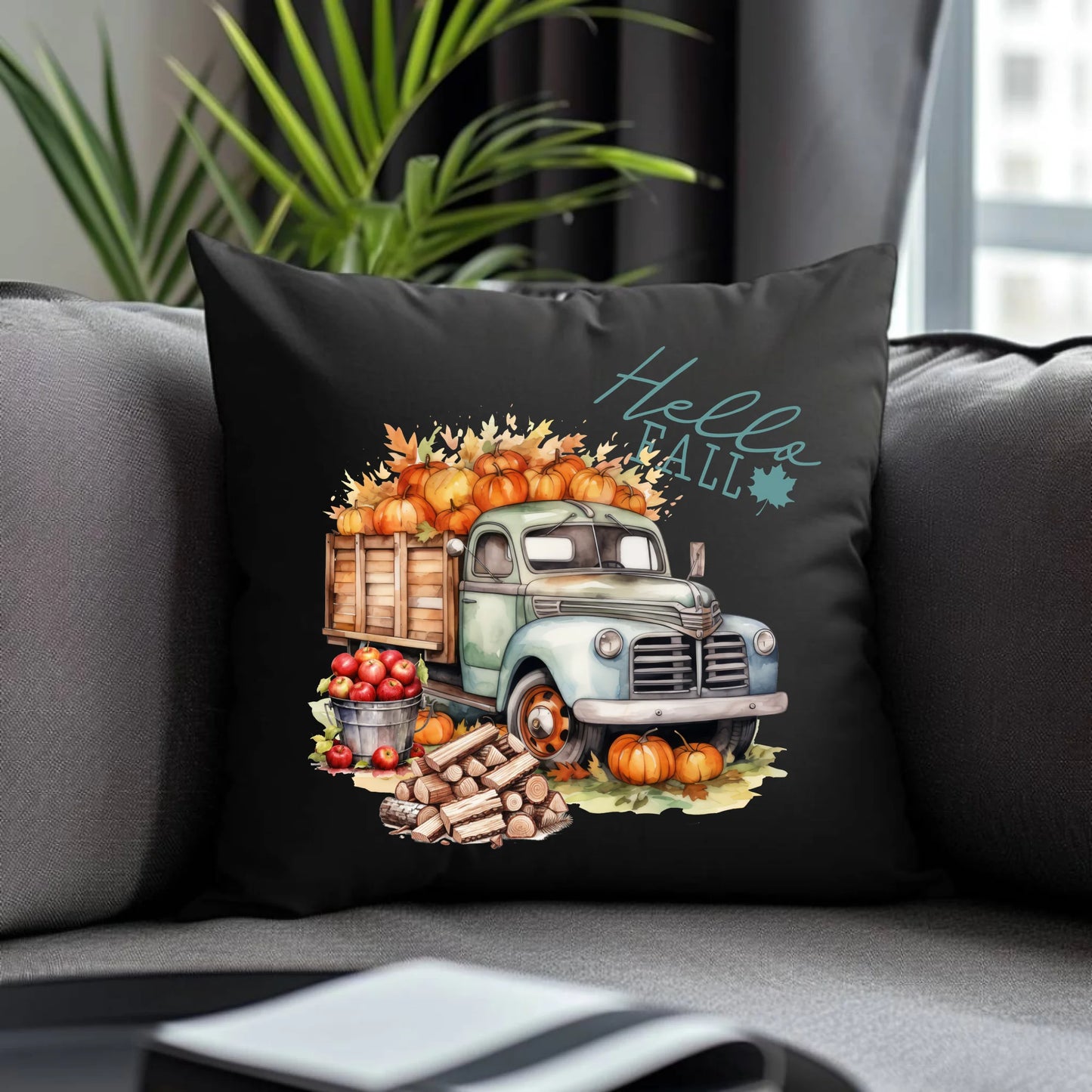 Poduszka dekoracyjna jesienna – Hello Fall ciężarówka z dyniami JS08 - StoryCups.pl