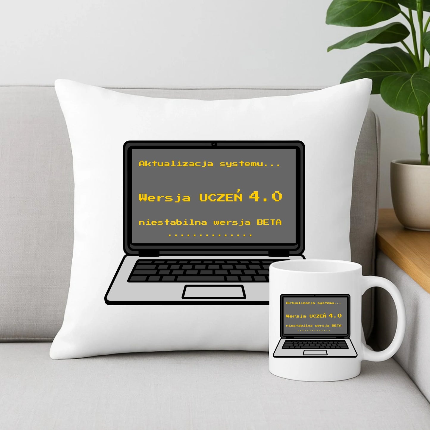 Zestaw poduszka i kubek dla ucznia - Aktualizacja systemu - powrót do szkoły - personalizowany SZ16 - StoryCups.pl