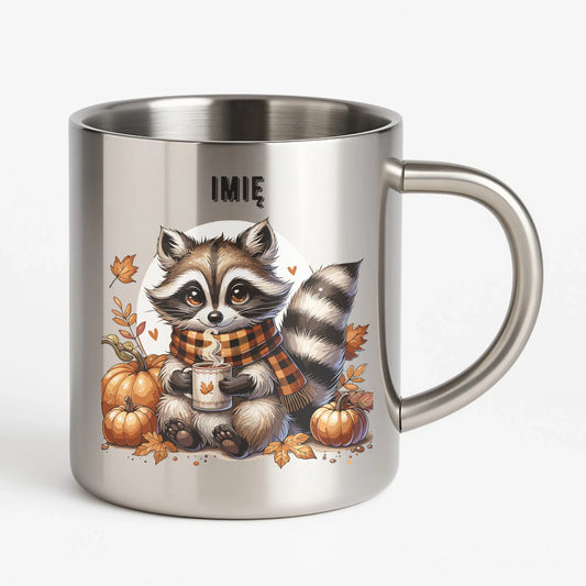 Kubek metalowy jesienny – Szop z kawą i dyniami - personalizowany JS16 - StoryCups.pl