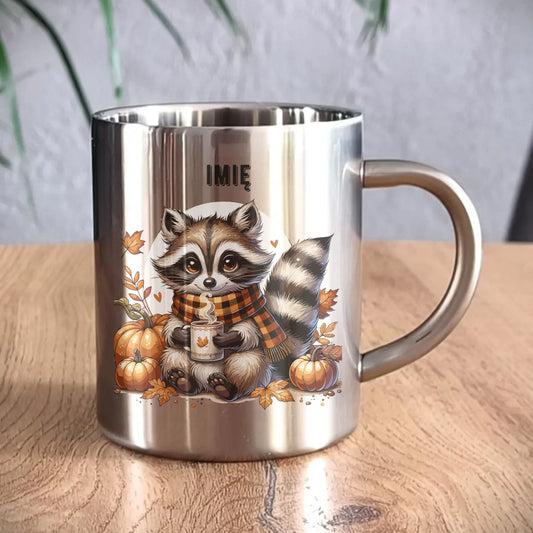 Kubek metalowy jesienny – Szop z kawą i dyniami - personalizowany JS16 - StoryCups.pl