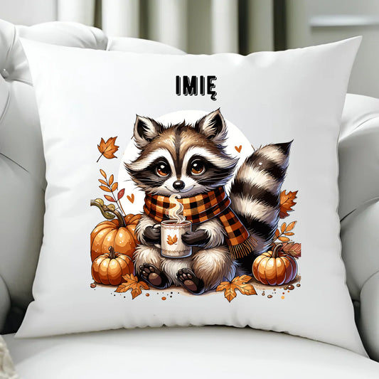 Poduszka jesienna – Szop z kawą i dyniami - personalizowana JS16 - StoryCups.pl