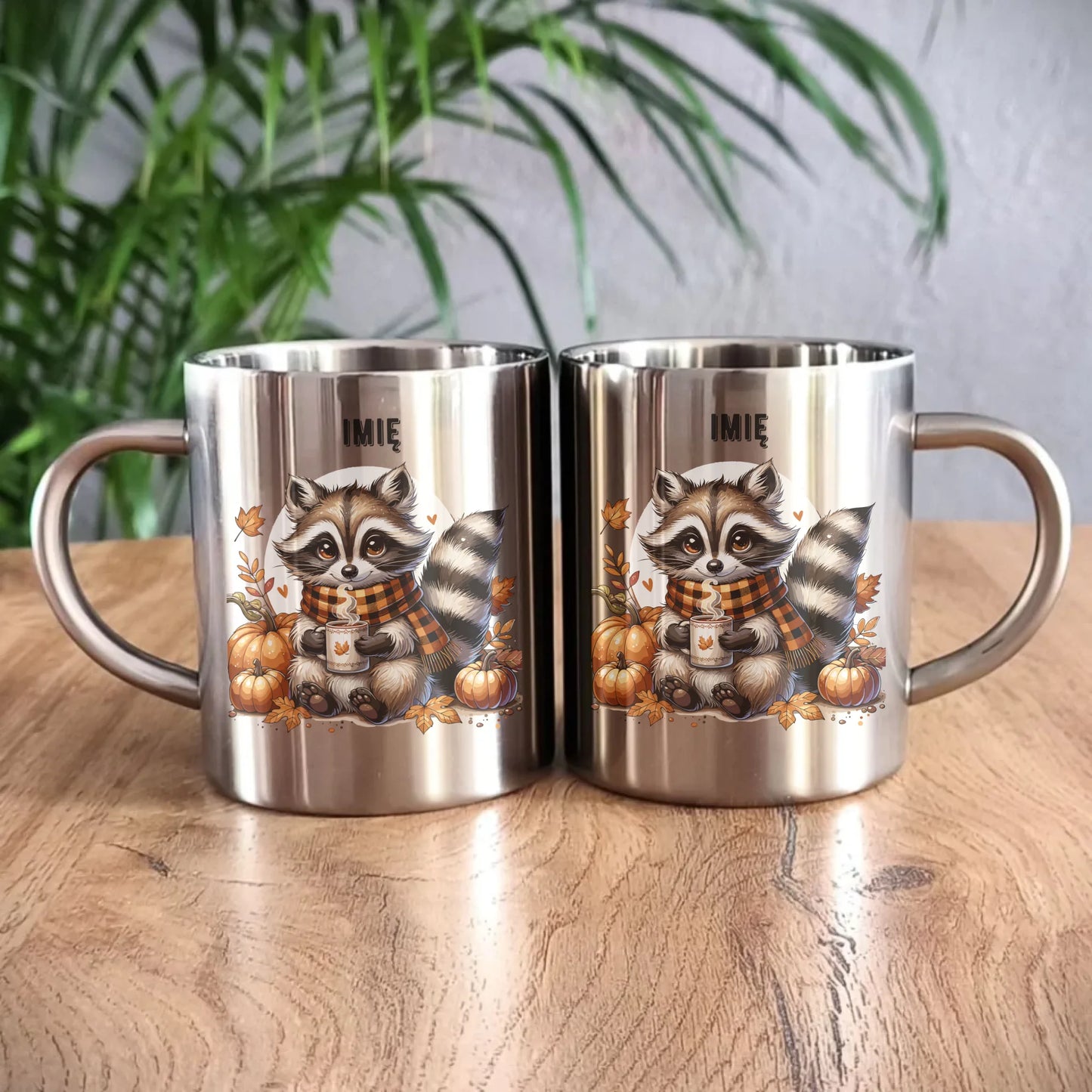Kubek metalowy jesienny – Szop z kawą i dyniami - personalizowany JS16 - StoryCups.pl