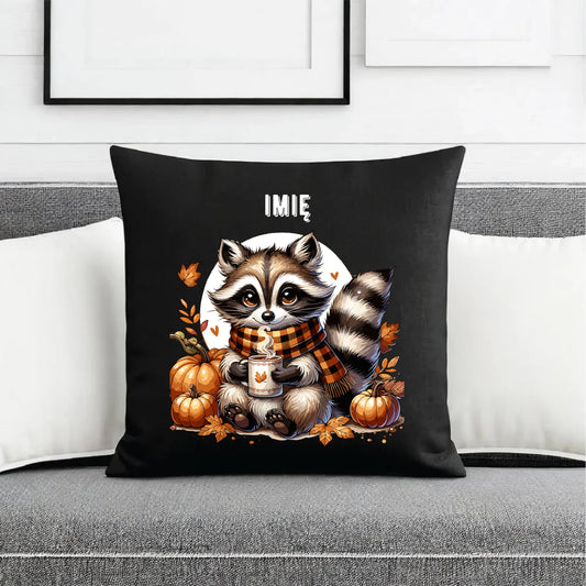 Poduszka dekoracyjna jesienna – Szop z kawą i dyniami - personalizowana JS16 - StoryCups.pl
