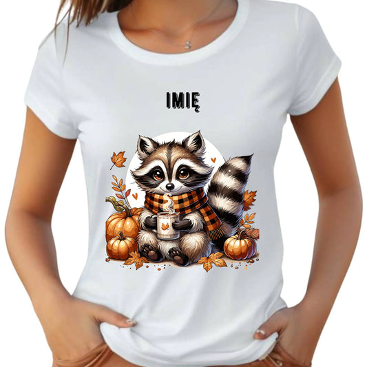 Koszulka damska jesienna – Szop z kawą i dyniami - personalizowana JS16 - StoryCups.pl