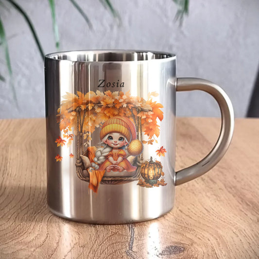 Kubek metalowy jesieniara - Dziewczynka z liśćmi - personalizowany JS17 - StoryCups.pl