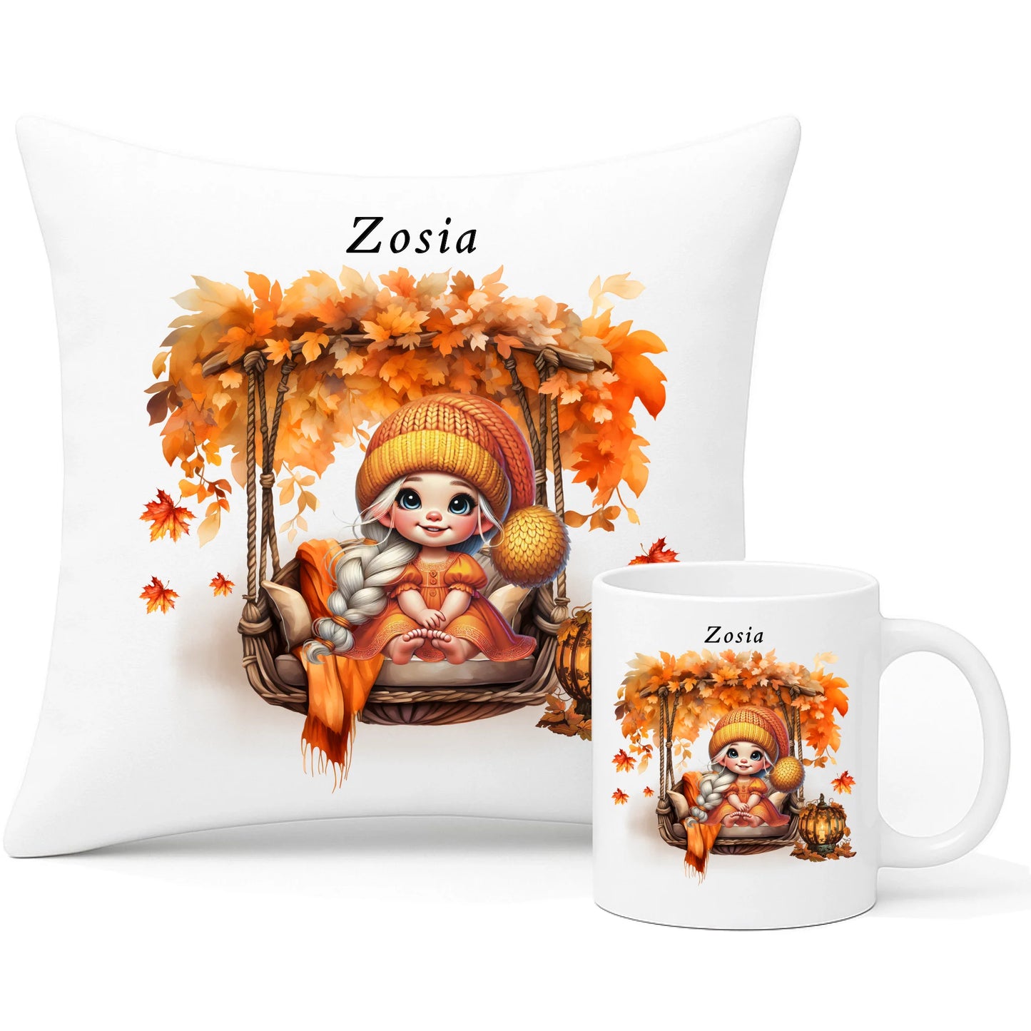 Zestaw poduszka i kubek jesieniara - Dziewczynka z liśćmi - personalizowany JS17 - StoryCups.pl