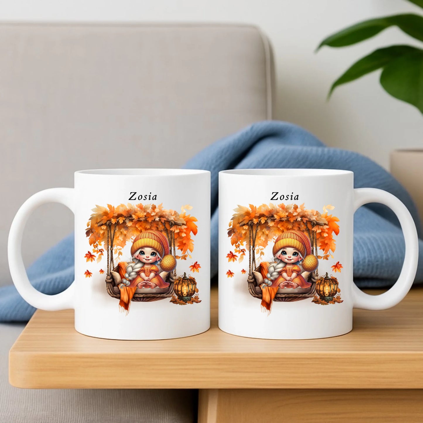 Zestaw poduszka i kubek jesieniara - Dziewczynka z liśćmi - personalizowany JS17 - StoryCups.pl