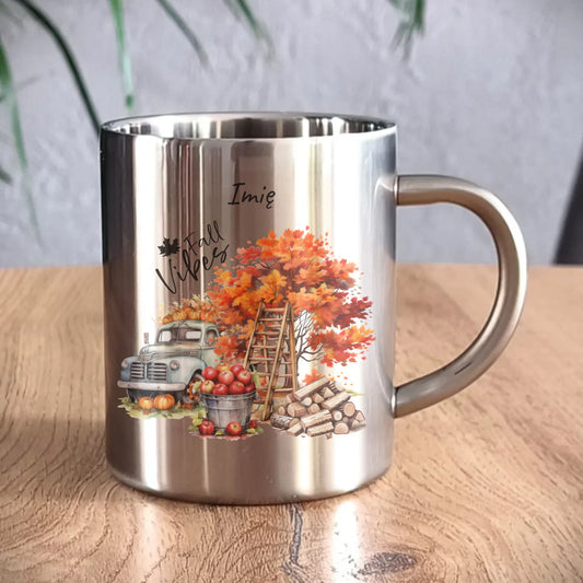 Kubek metalowy jesienny – Vintage auto dynie i jabłka – personalizowany JS07 - StoryCups.pl