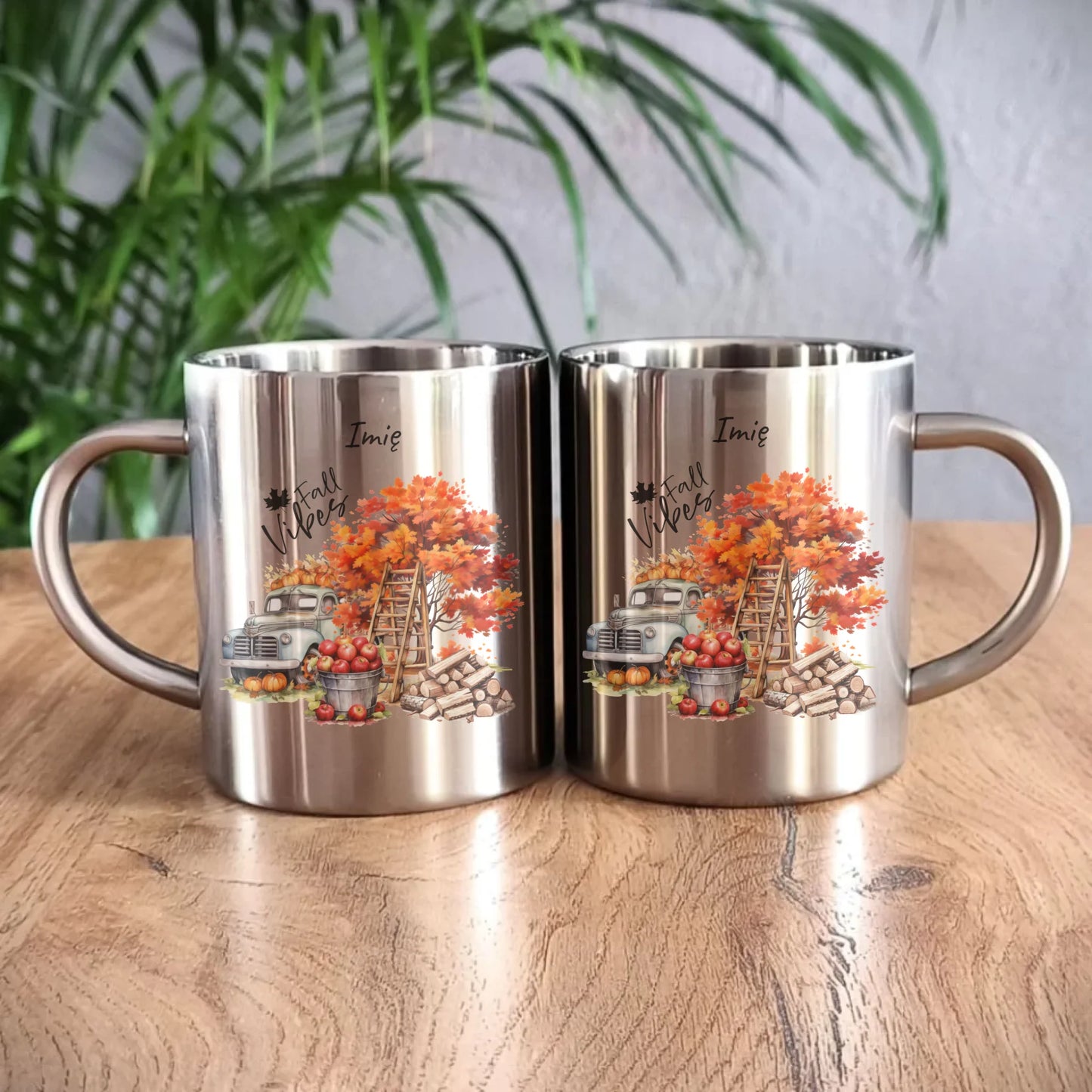 Kubek metalowy jesienny – Vintage auto dynie i jabłka – personalizowany JS07 - StoryCups.pl
