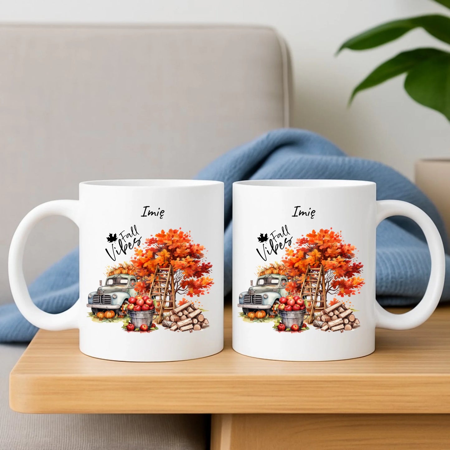 Zestaw poduszka i kubek jesienny – Vintage auto dynie i jabłka – personalizowany JS07 - StoryCups.pl