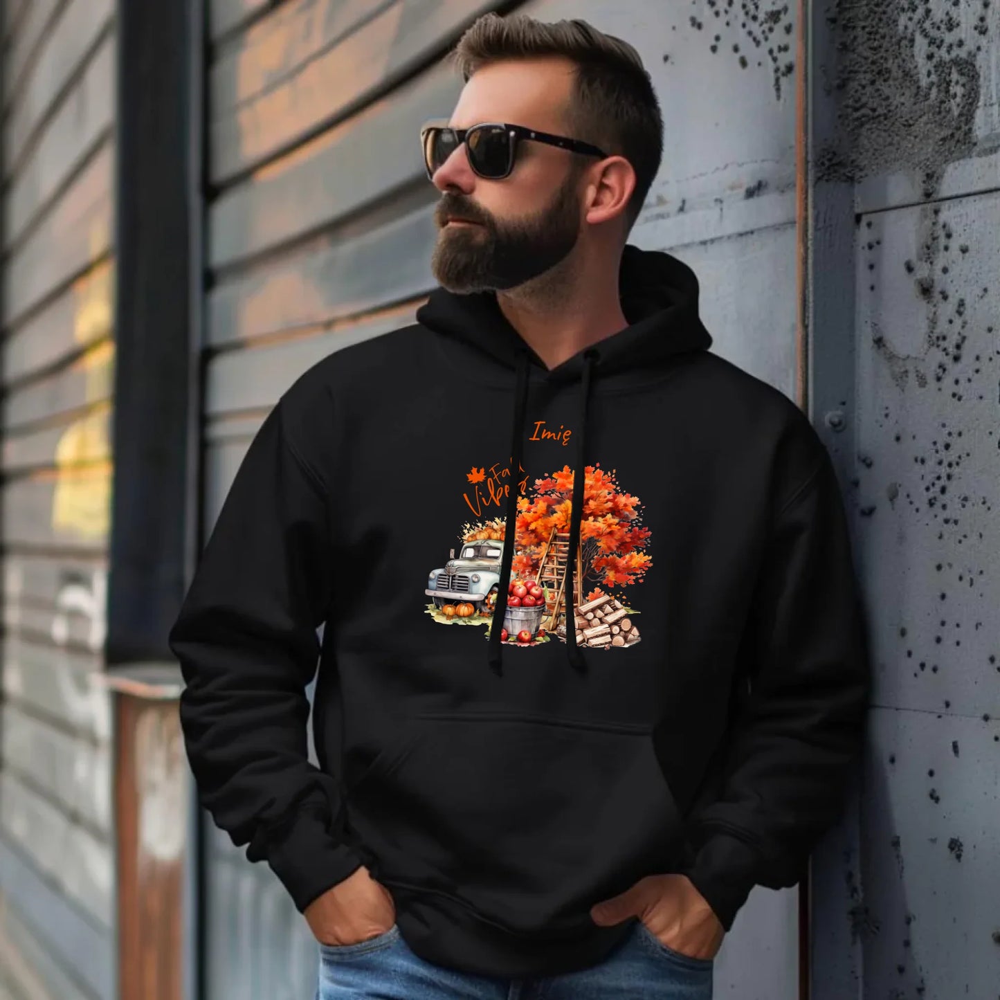 Bluza męska z kapturem jesienna – Vintage auto dynie i jabłka – personalizowana JS07 - StoryCups.pl