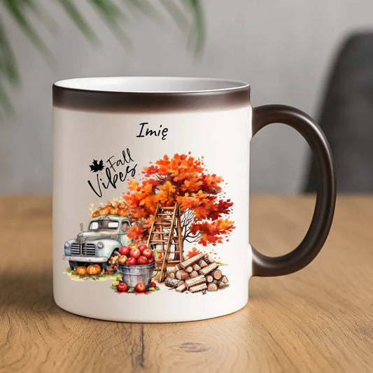 Kubek magiczny jesienny – Vintage auto dynie i jabłka – personalizowany JS07 - StoryCups.pl
