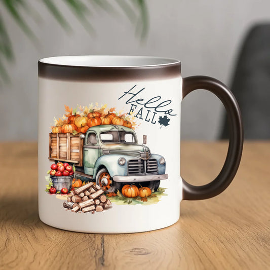 Kubek magiczny jesienny – Hello Fall ciężarówka z dyniami JS08 - StoryCups.pl