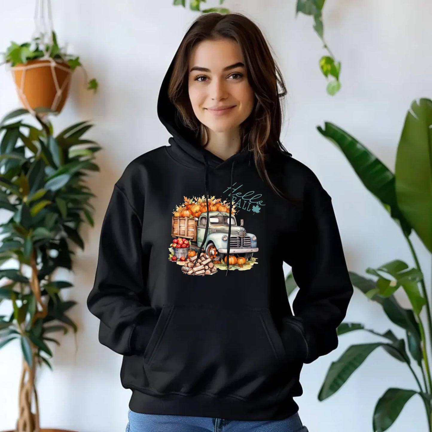 Bluza damska z kapturem – Hello Fall ciężarówka z dyniami JS08 - StoryCups.pl