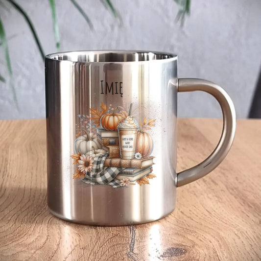 Kubek metalowy jesienny - Książkara - personalizowany JS14 - StoryCups.pl