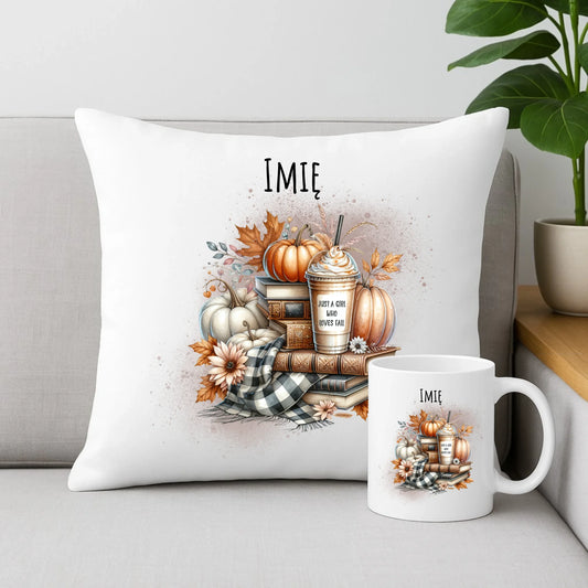 Zestaw poduszka i kubek jesienny - Książkara - personalizowany JS14 - StoryCups.pl