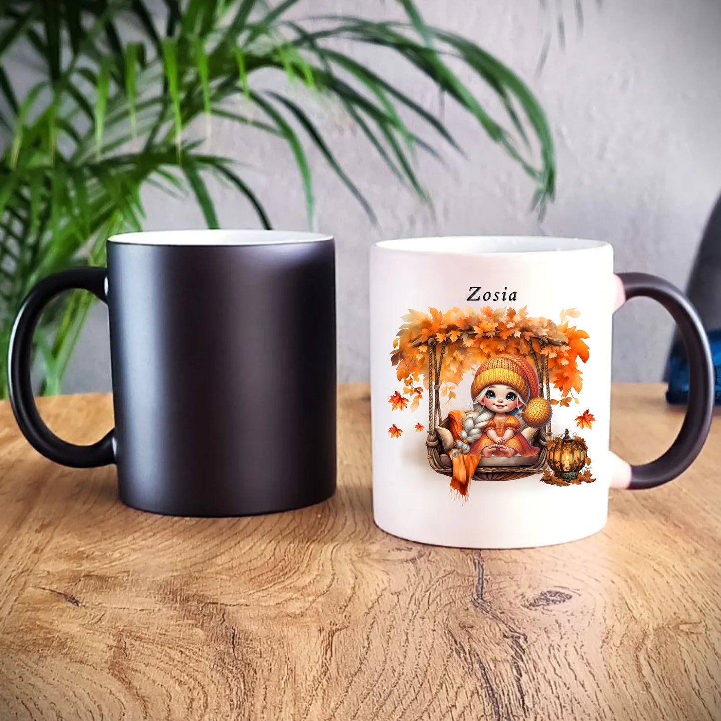 Kubek magiczny jesieniara - Dziewczynka z liśćmi - personalizowany JS17 - StoryCups.pl