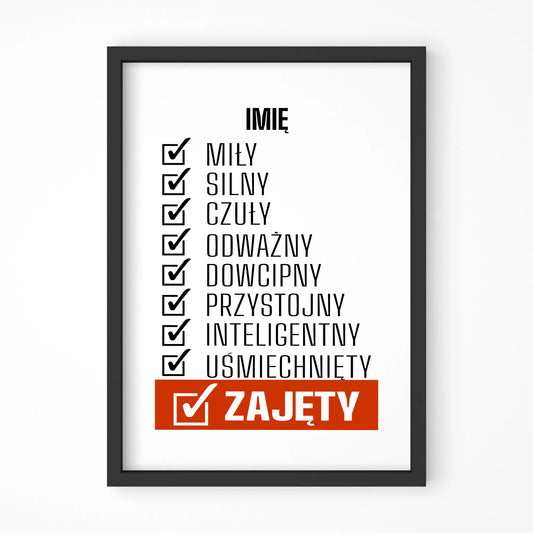 Plakat w ramie - Zajęty prezent dla chłopaka męża narzeczonego - personalizowany DCH05 - StoryCups.pl