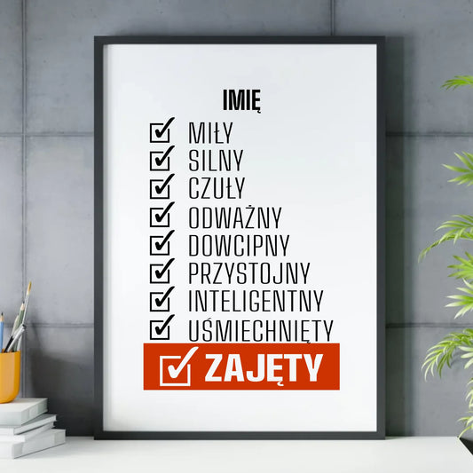 Plakat w ramie - Zajęty prezent dla chłopaka męża narzeczonego - personalizowany DCH05 - StoryCups.pl