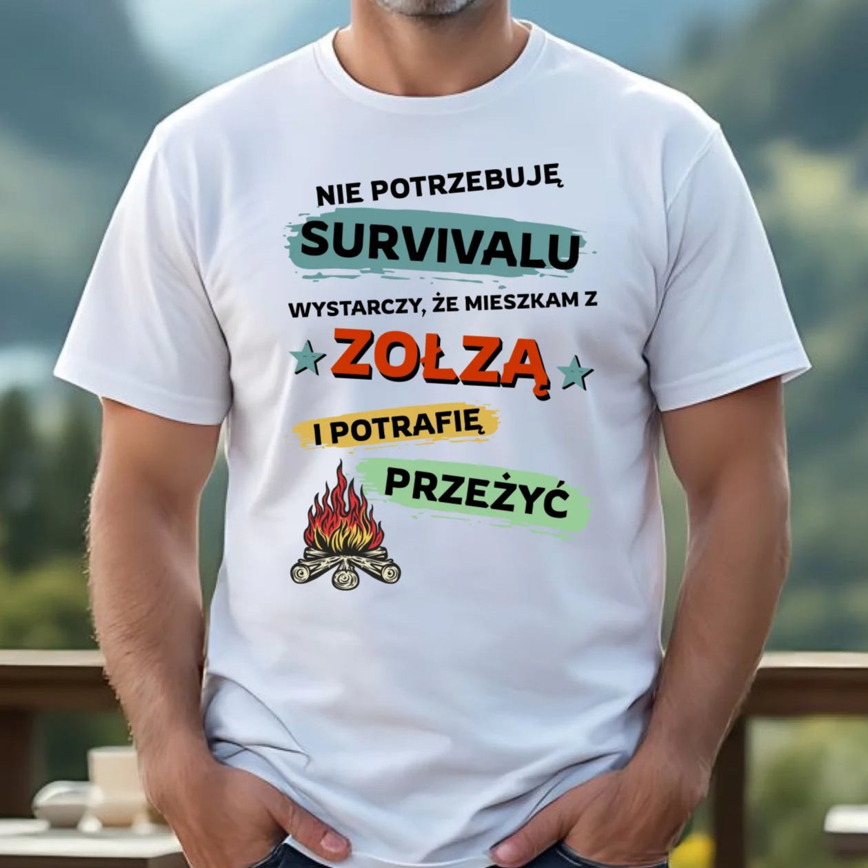 Koszulka męska – Prezent dla chłopaka męża - Nie potrzebuję survivalu, mieszkam z zołzą DCH25 - StoryCups.pl