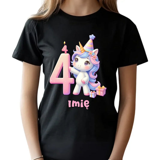 Koszulka dziecięca urodzinowa - prezent na 4 urodziny dla dziewczynki - Jednorożec - personalizowana U48 - StoryCups.pl