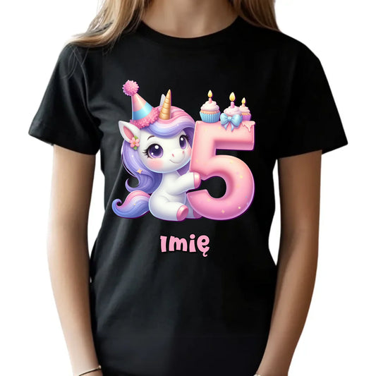 Koszulka dziecięca urodzinowa - prezent na 5 urodziny dla dziewczynki - Jednorożec - personalizowana U49 - StoryCups.pl